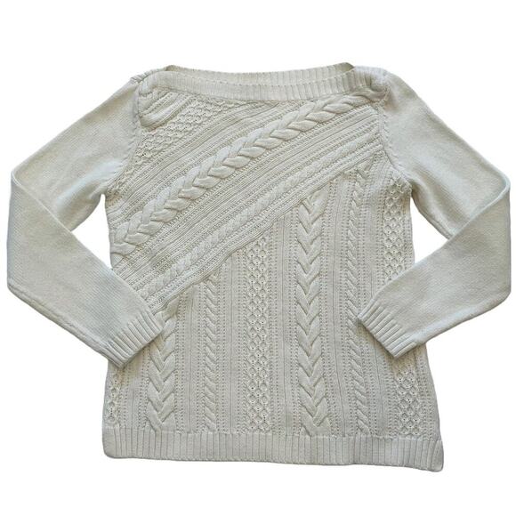 Talbots Neutral/Ivory Cotton Cable Knit Boat / Bateau Neck Sweater, Size MP - Picture 1 of 11